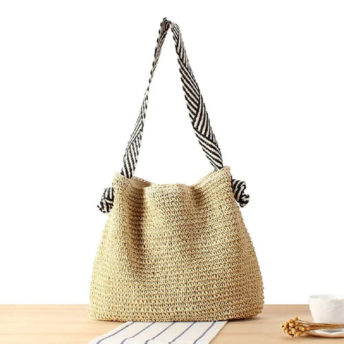 Large Woven Straw Tote Bag with Knot Shoulder Design