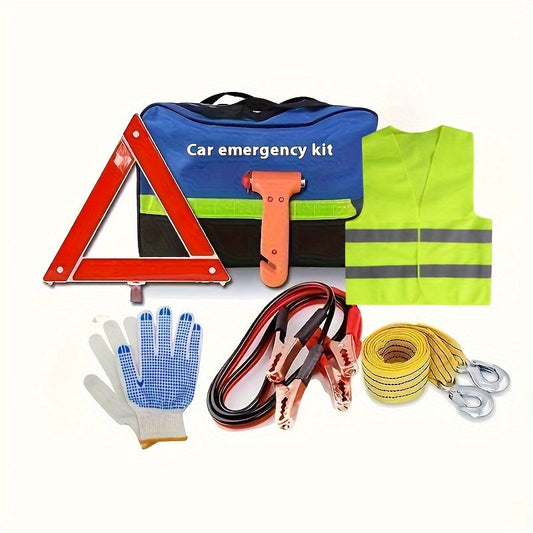 Complete Car Emergency Safety Kit with Warning Triangle, Jump Cables, Vest