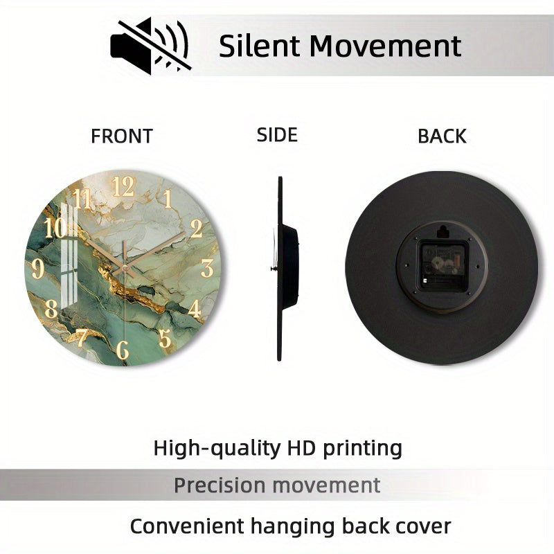 Round Silent Clock with Gold Accents – Abstract Marble and Wood Design