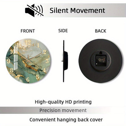 Round Silent Clock with Gold Accents – Abstract Marble and Wood Design