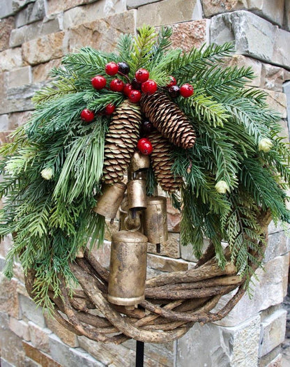 Handcrafted Bohemian Door Wreath with Bells and Pinecones for Winter
