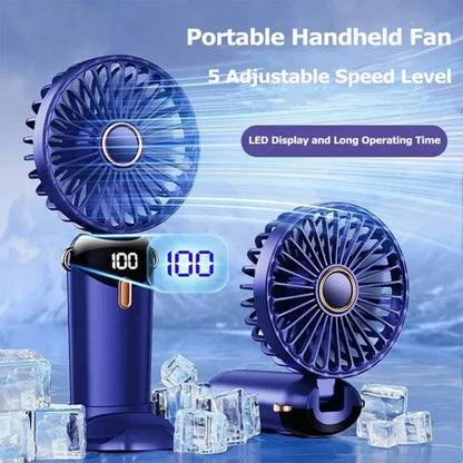 Compact Fan with 5 Speed Settings | 3000 mAh Rechargeable Battery | Foldable Design with LED Display