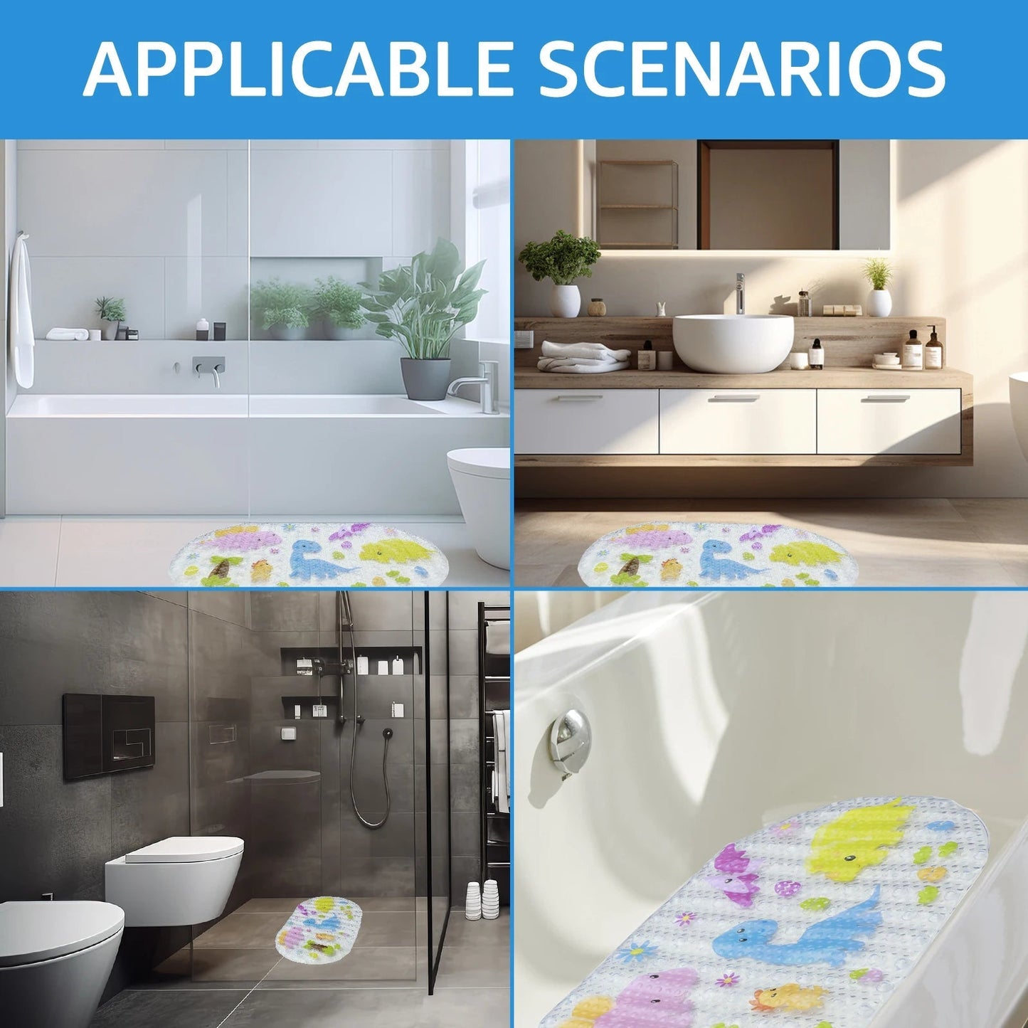 Non-Slip Kids Bath Mat | PVC Suction Cups | 27x15 in Cartoon Design