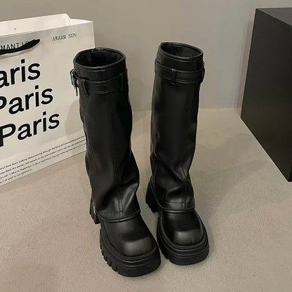 Winter Biker Booties for Women - Knee High Square Toe Footwear