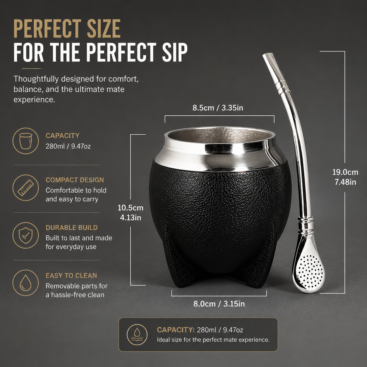 Insulated Stainless Steel Yerba Mate Cup Set with Bombilla Straw & Brush - 10oz Travel Design
