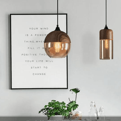 Scandinavian Wooden Pendant Light with Tinted Glass