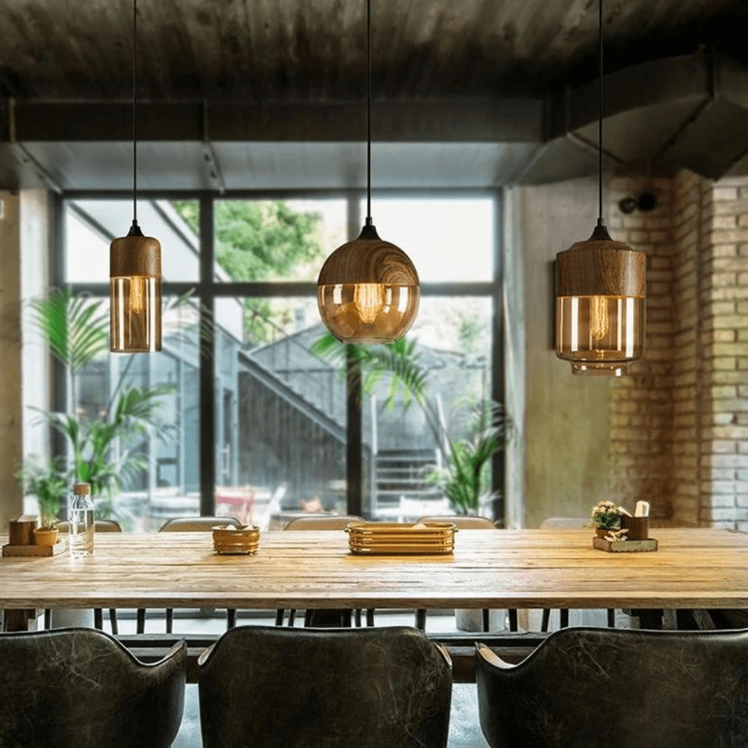 Scandinavian Wooden Pendant Light with Tinted Glass