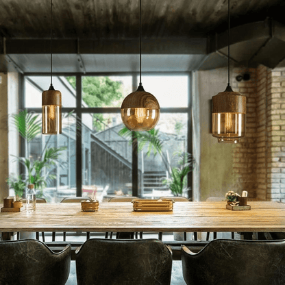 Scandinavian Wooden Pendant Light with Tinted Glass