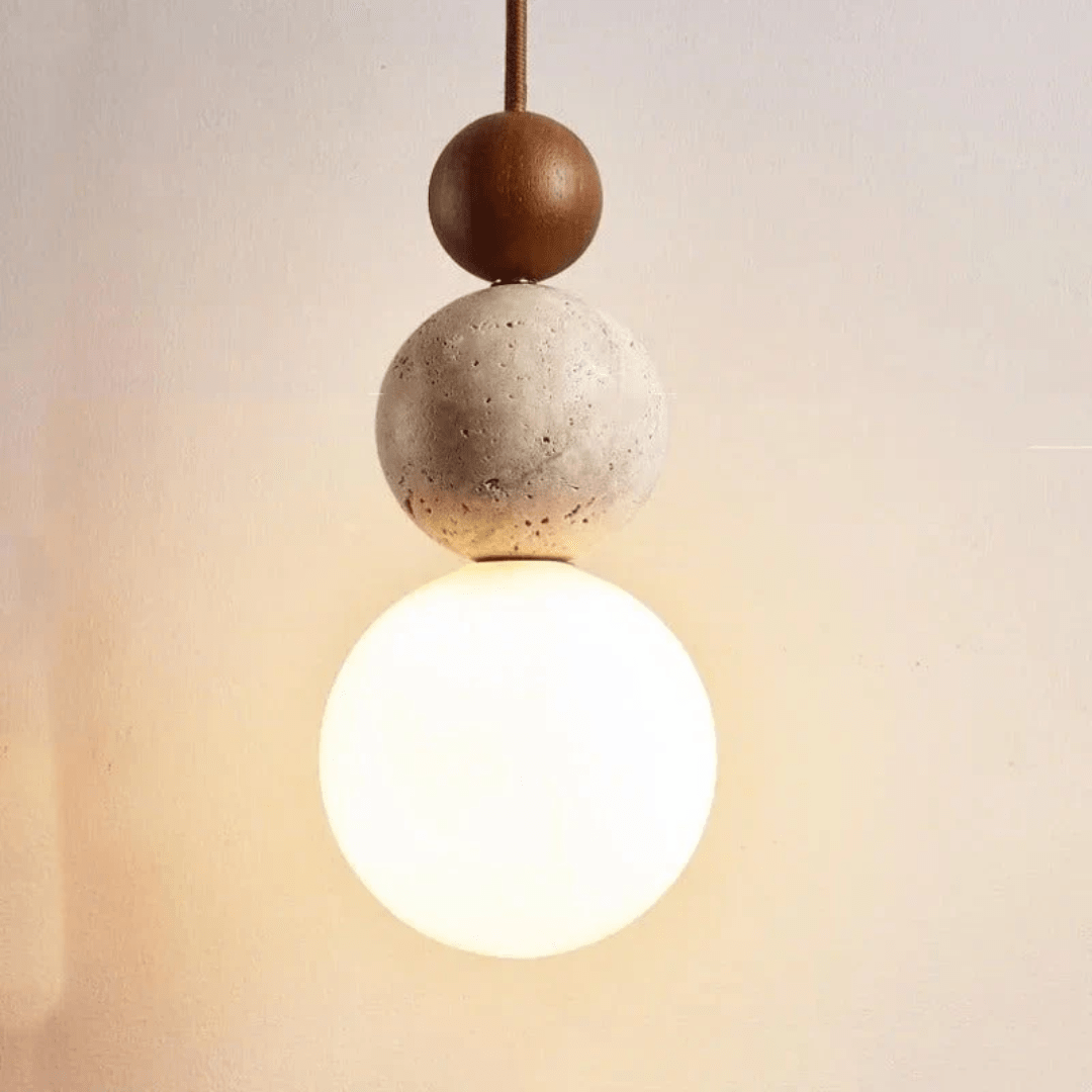 Pendant Light with Travertine and Mahogany Design
