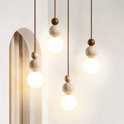 Pendant Light with Travertine and Mahogany Design
