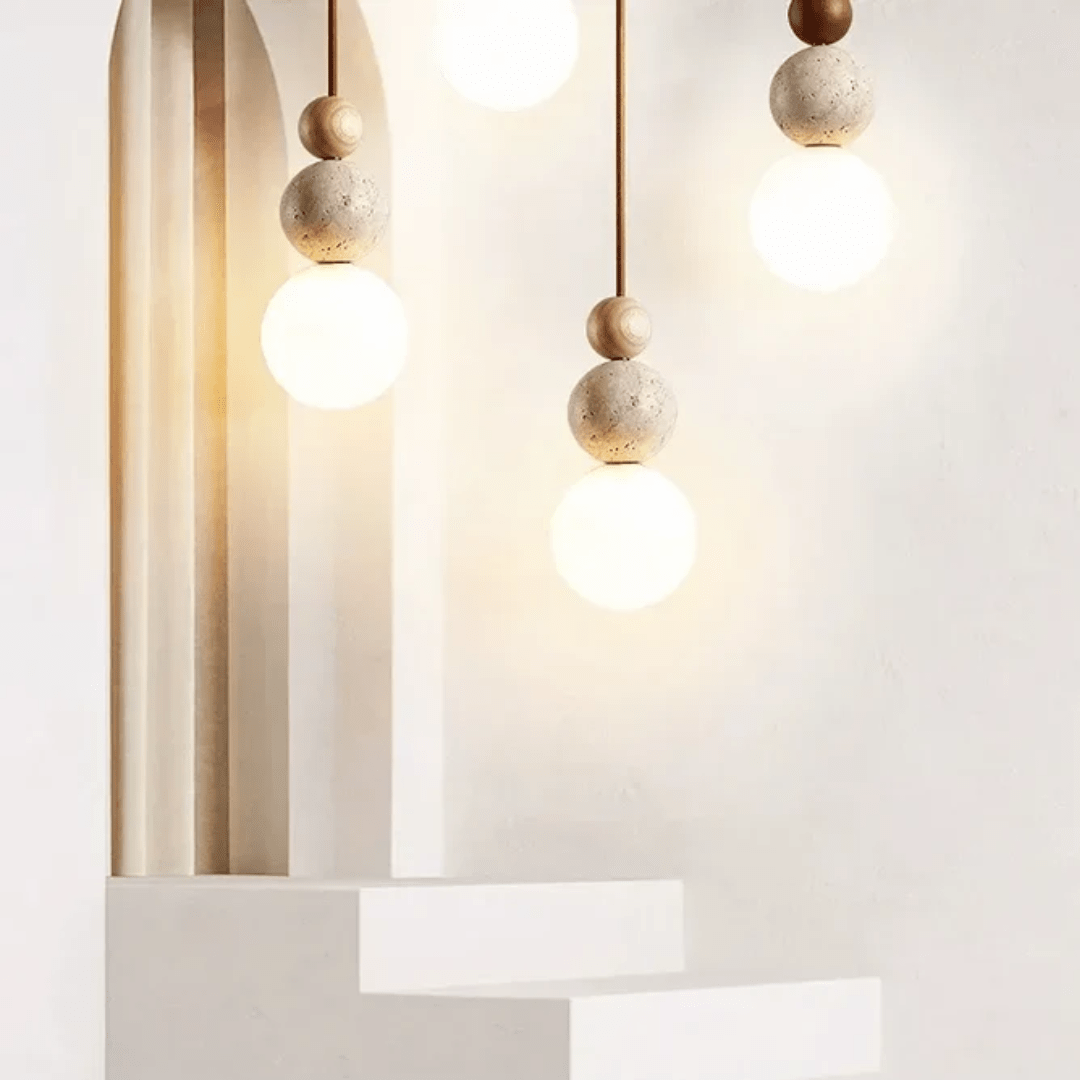 Pendant Light with Travertine and Mahogany Design