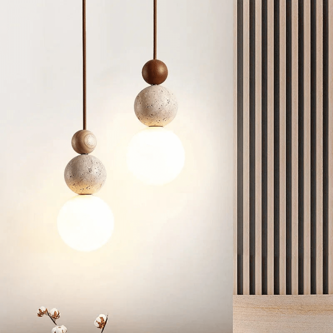 Pendant Light with Travertine and Mahogany Design