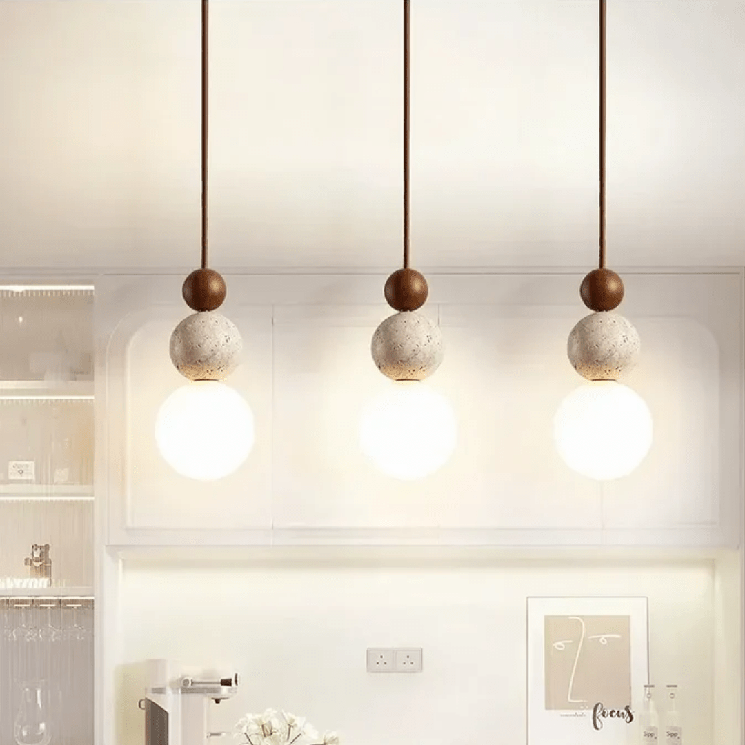 Pendant Light with Travertine and Mahogany Design