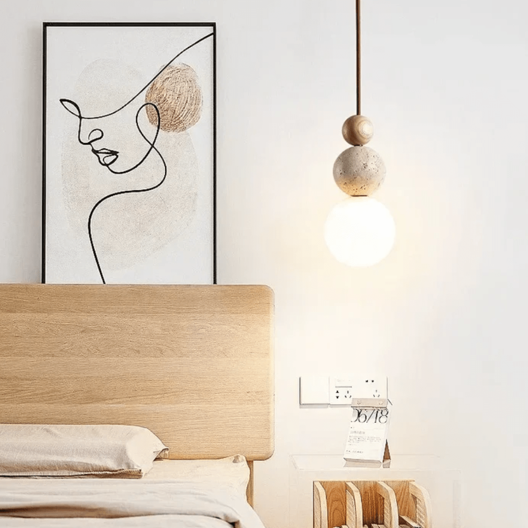 Pendant Light with Travertine and Mahogany Design