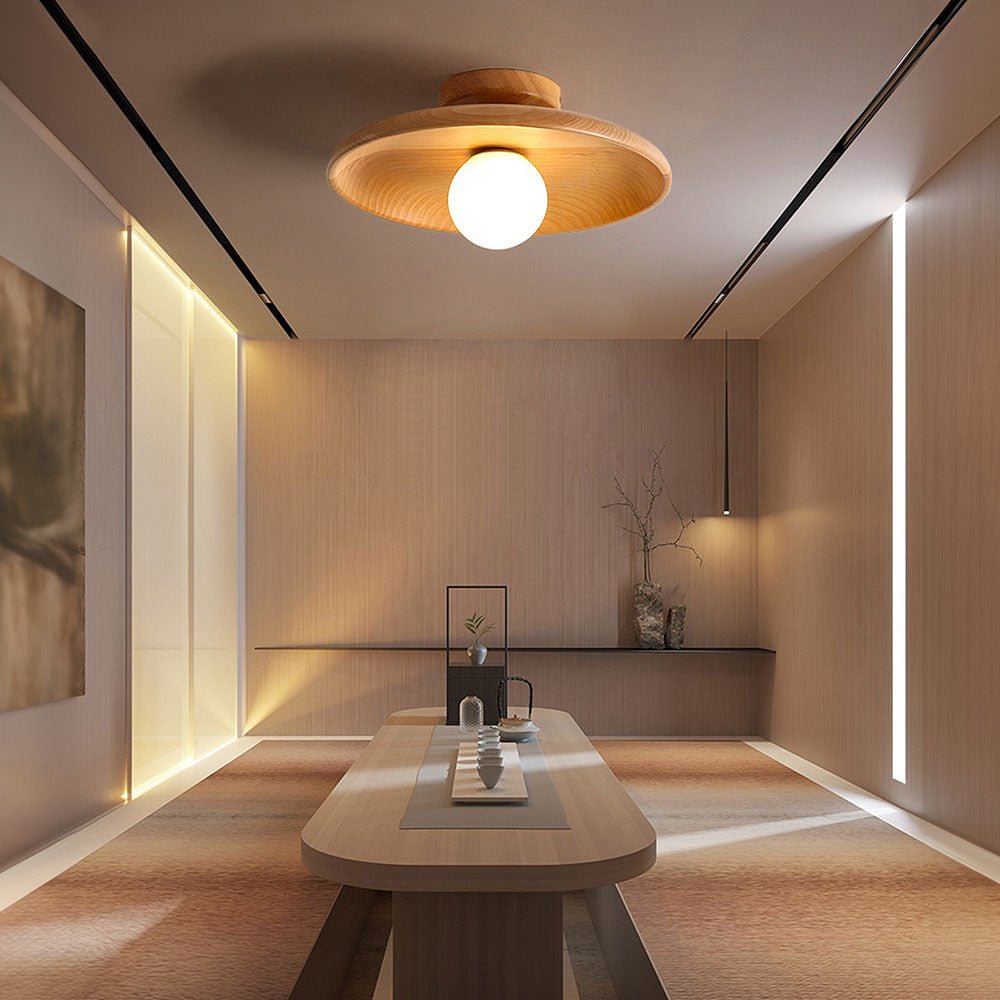 Minimalist Round Pendant Light - Nordic Wood Design for Hallway
