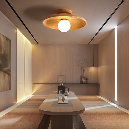 Minimalist Round Pendant Light - Nordic Wood Design for Hallway