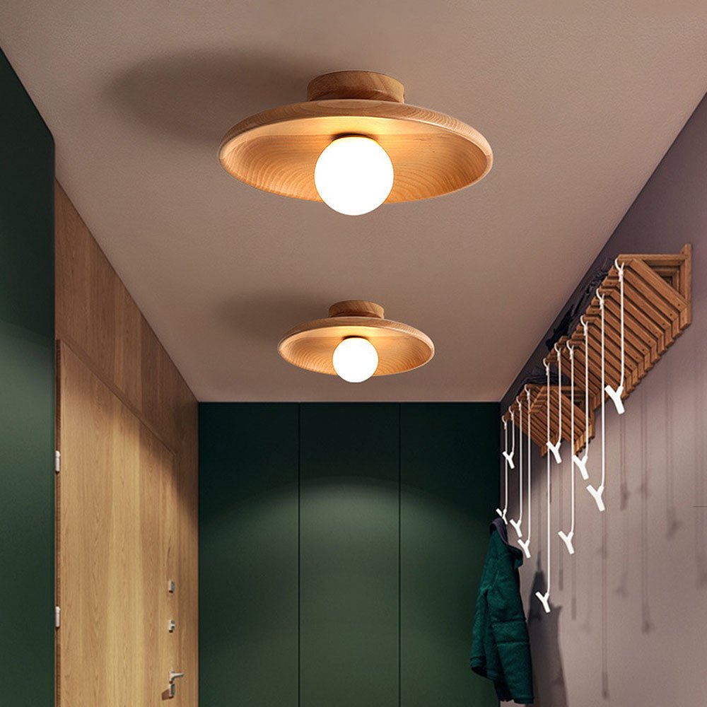 Minimalist Round Pendant Light - Nordic Wood Design for Hallway