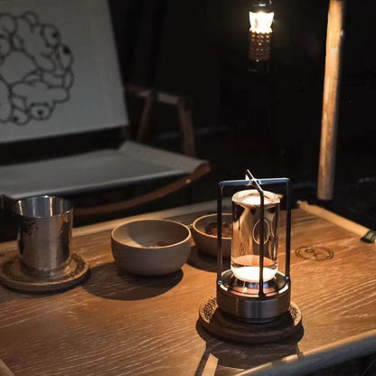 Contemporary Table Lamp with Metal and Glass Lantern Design for Indoors or Outdoors