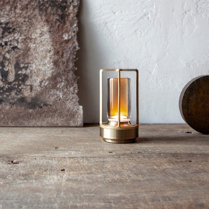 Contemporary Table Lamp with Metal and Glass Lantern Design for Indoors or Outdoors