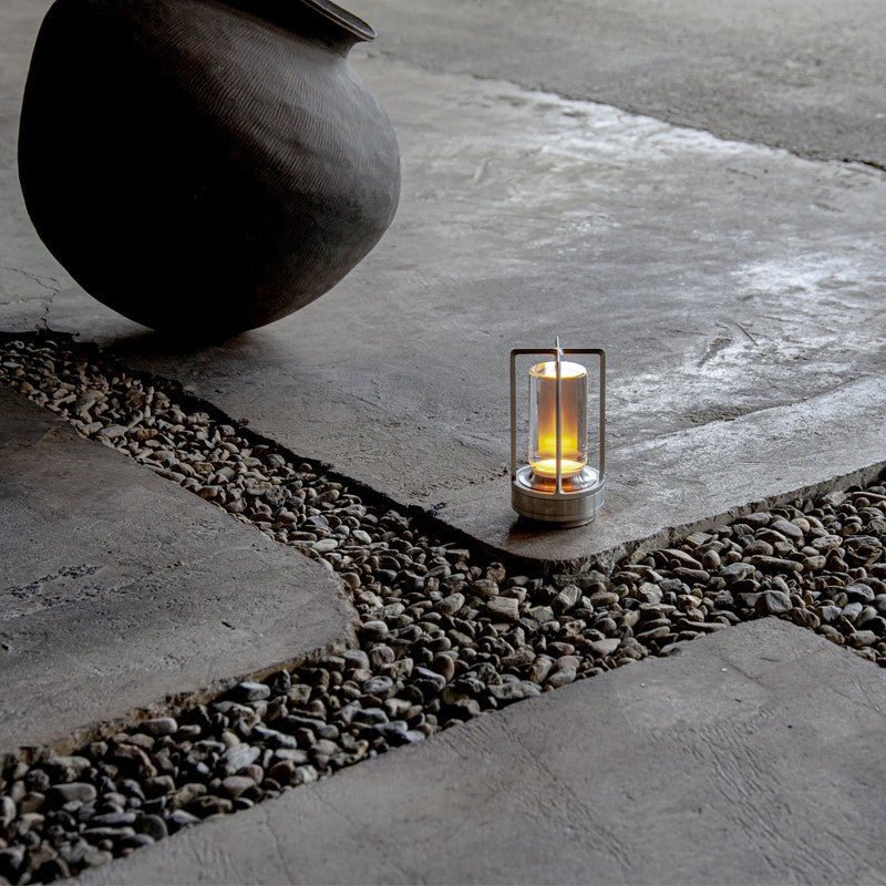Contemporary Table Lamp with Metal and Glass Lantern Design for Indoors or Outdoors