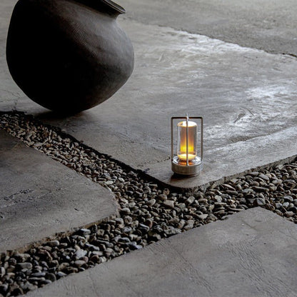 Contemporary Table Lamp with Metal and Glass Lantern Design for Indoors or Outdoors