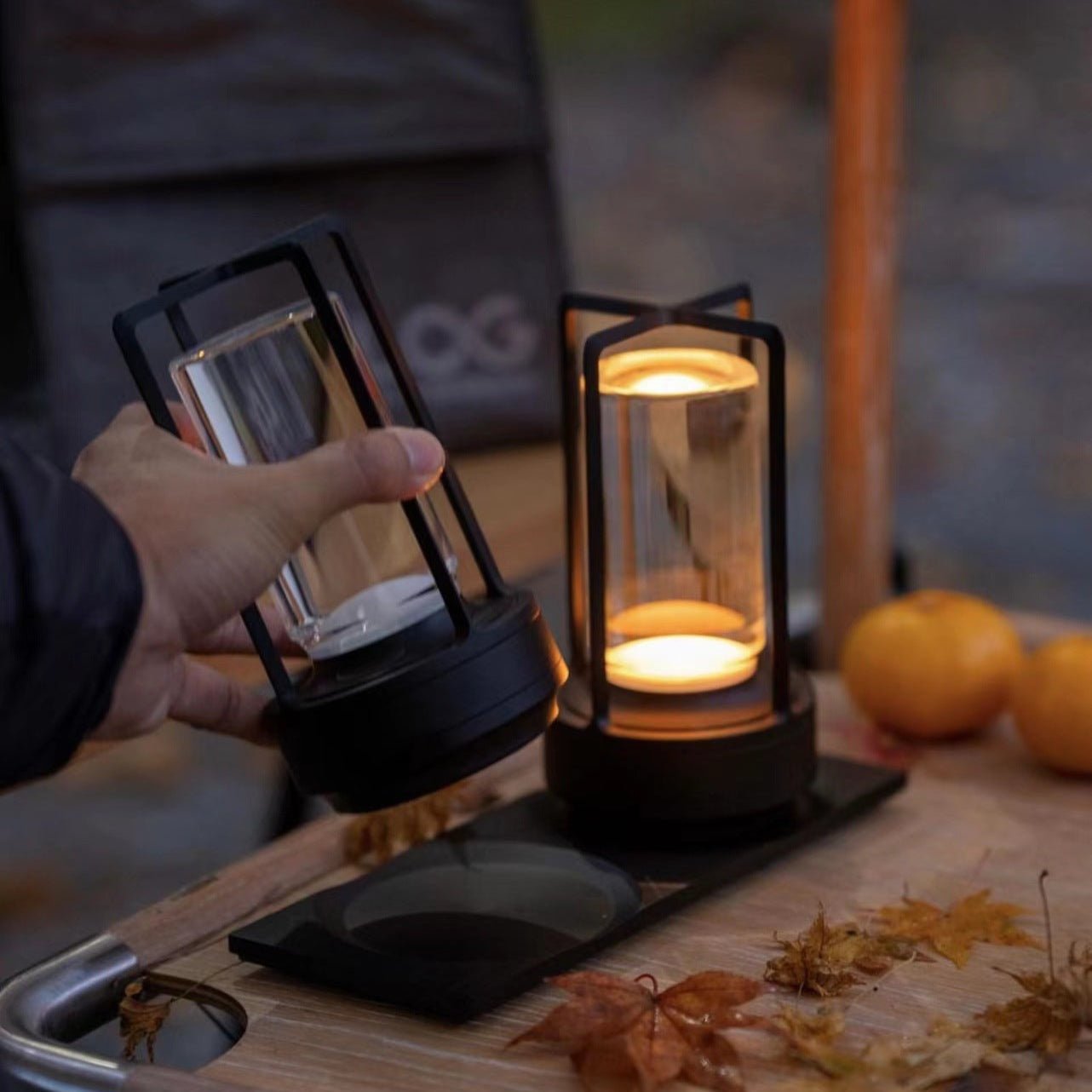 Contemporary Table Lamp with Metal and Glass Lantern Design for Indoors or Outdoors