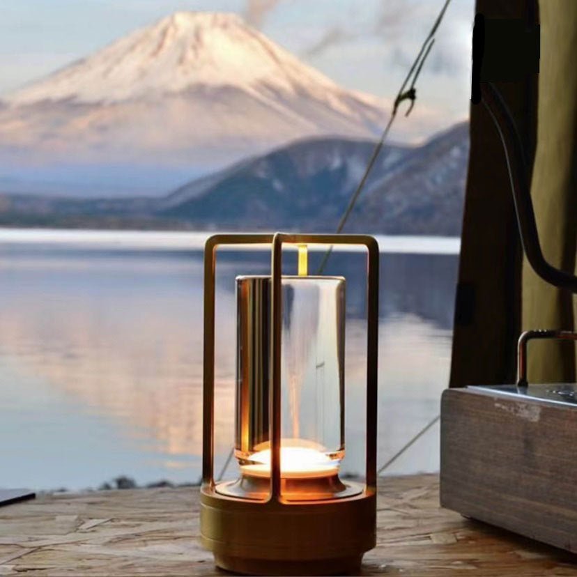 Contemporary Table Lamp with Metal and Glass Lantern Design for Indoors or Outdoors
