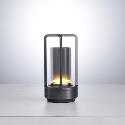 Contemporary Table Lamp with Metal and Glass Lantern Design for Indoors or Outdoors