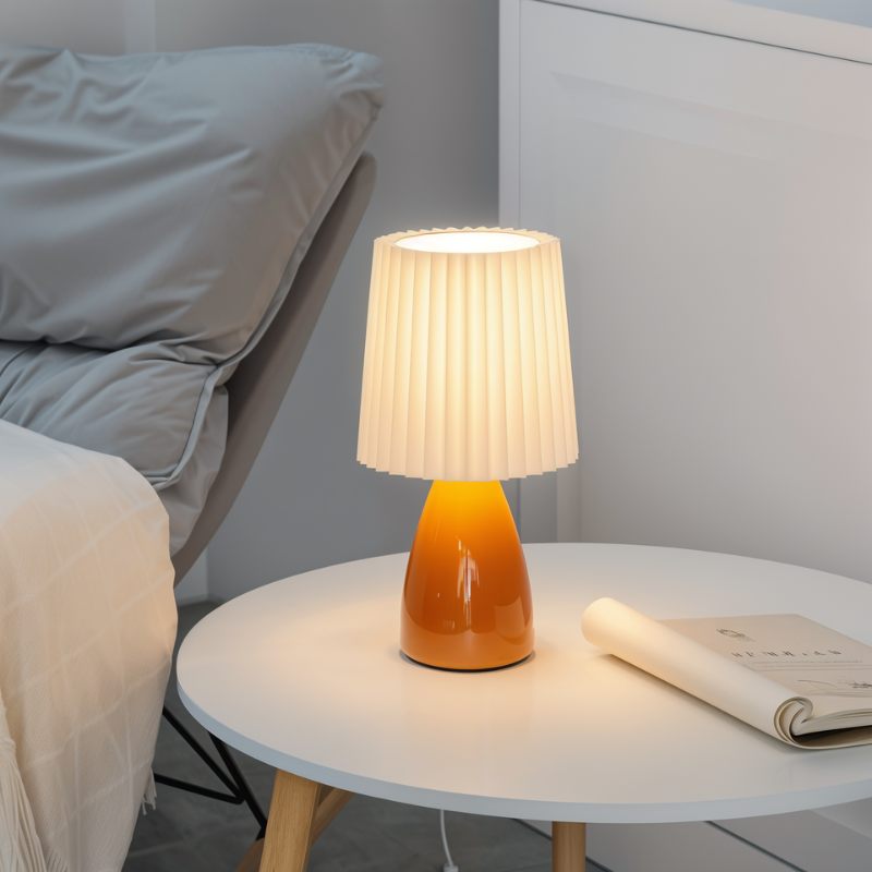 Mid-Century Table Lamp with Pleated Shade and LED Light