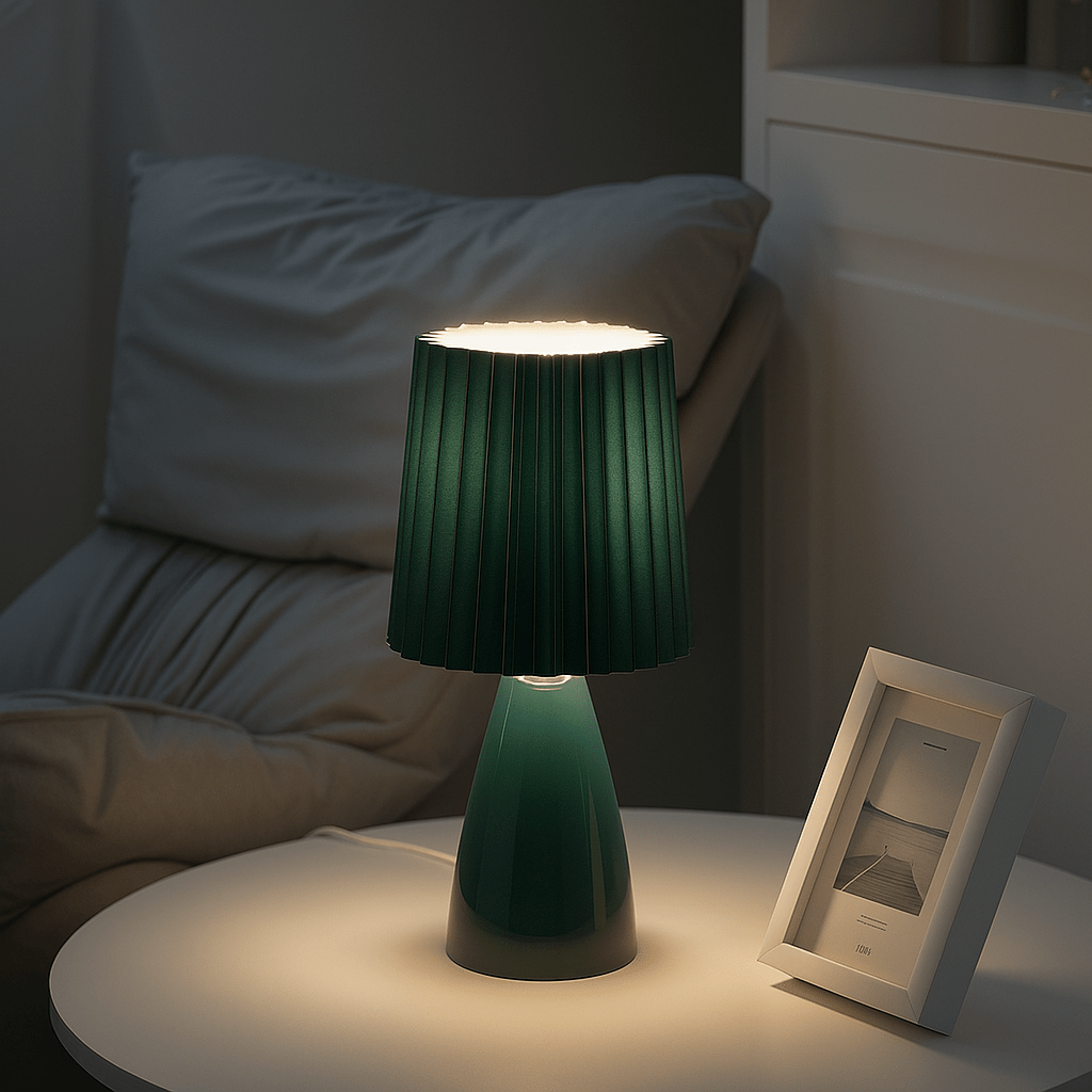 Mid-Century Table Lamp with Pleated Shade and LED Light