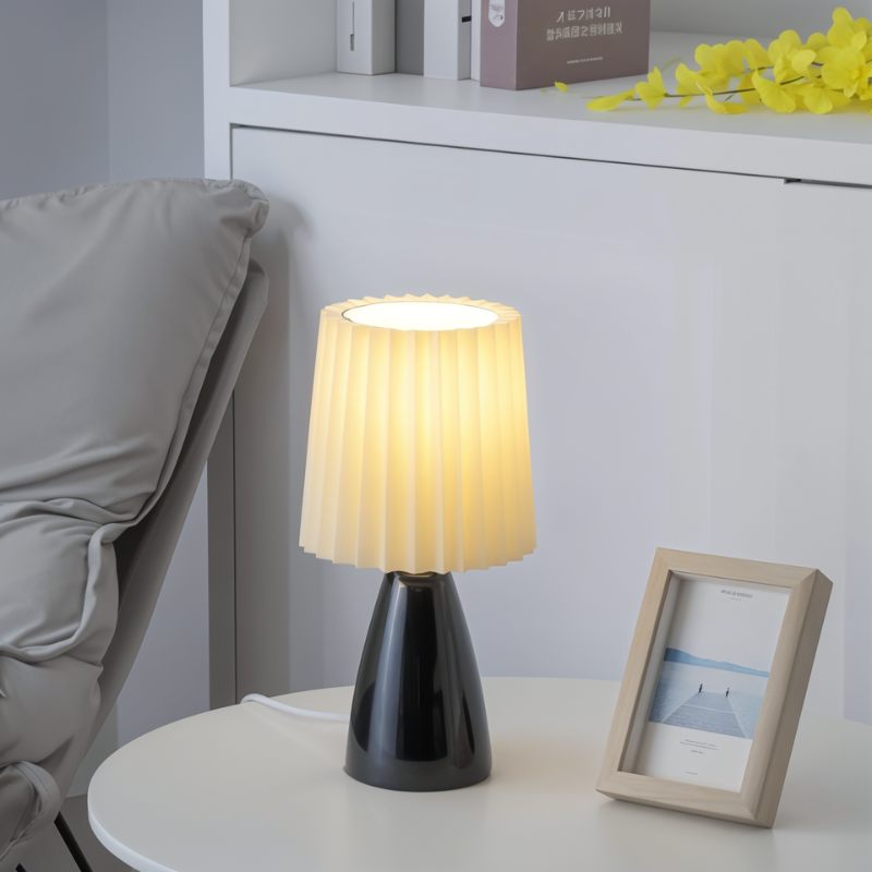Mid-Century Table Lamp with Pleated Shade and LED Light