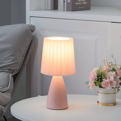 Mid-Century Table Lamp with Pleated Shade and LED Light