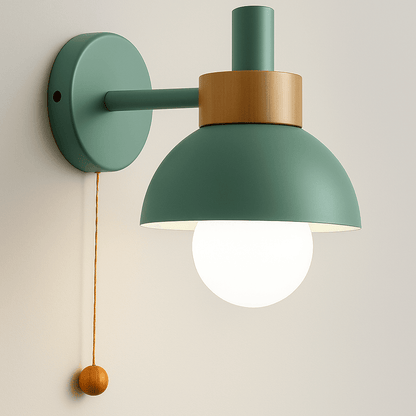 Wood and Iron Wall Light in Macaron Style with Pull Switch