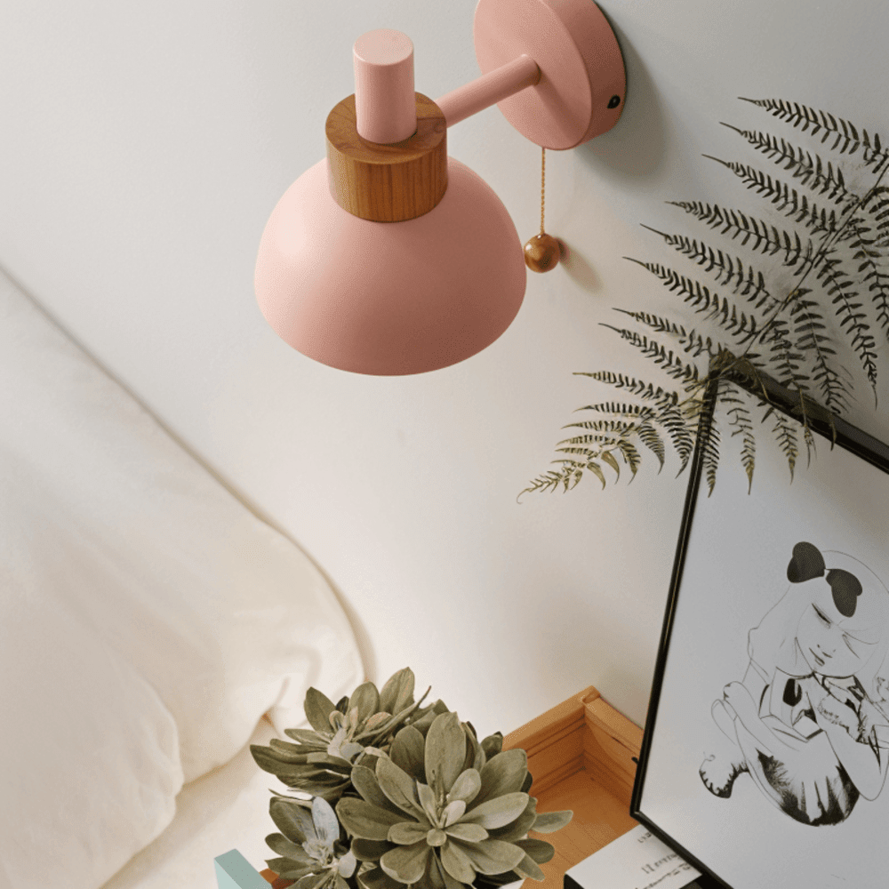 Wood and Iron Wall Light in Macaron Style with Pull Switch