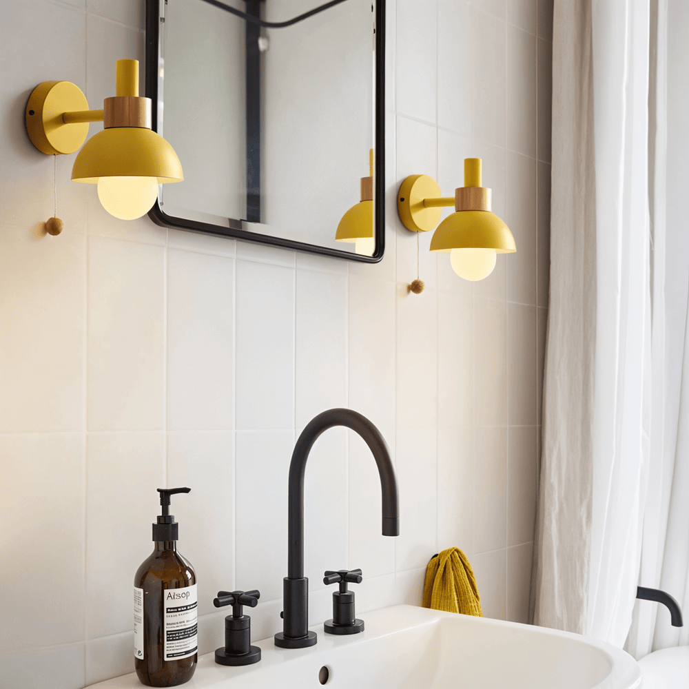 Wood and Iron Wall Light in Macaron Style with Pull Switch