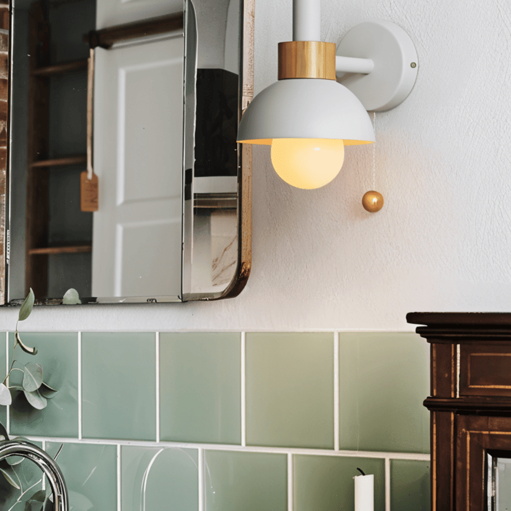 Wood and Iron Wall Light in Macaron Style with Pull Switch