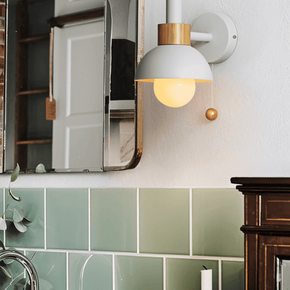 Wood and Iron Wall Light in Macaron Style with Pull Switch