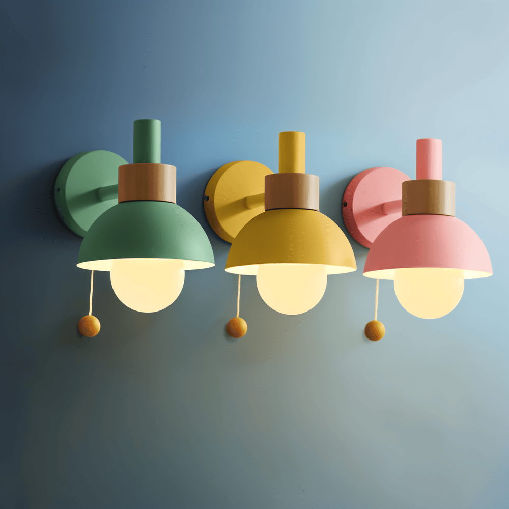 Wood and Iron Wall Light in Macaron Style with Pull Switch