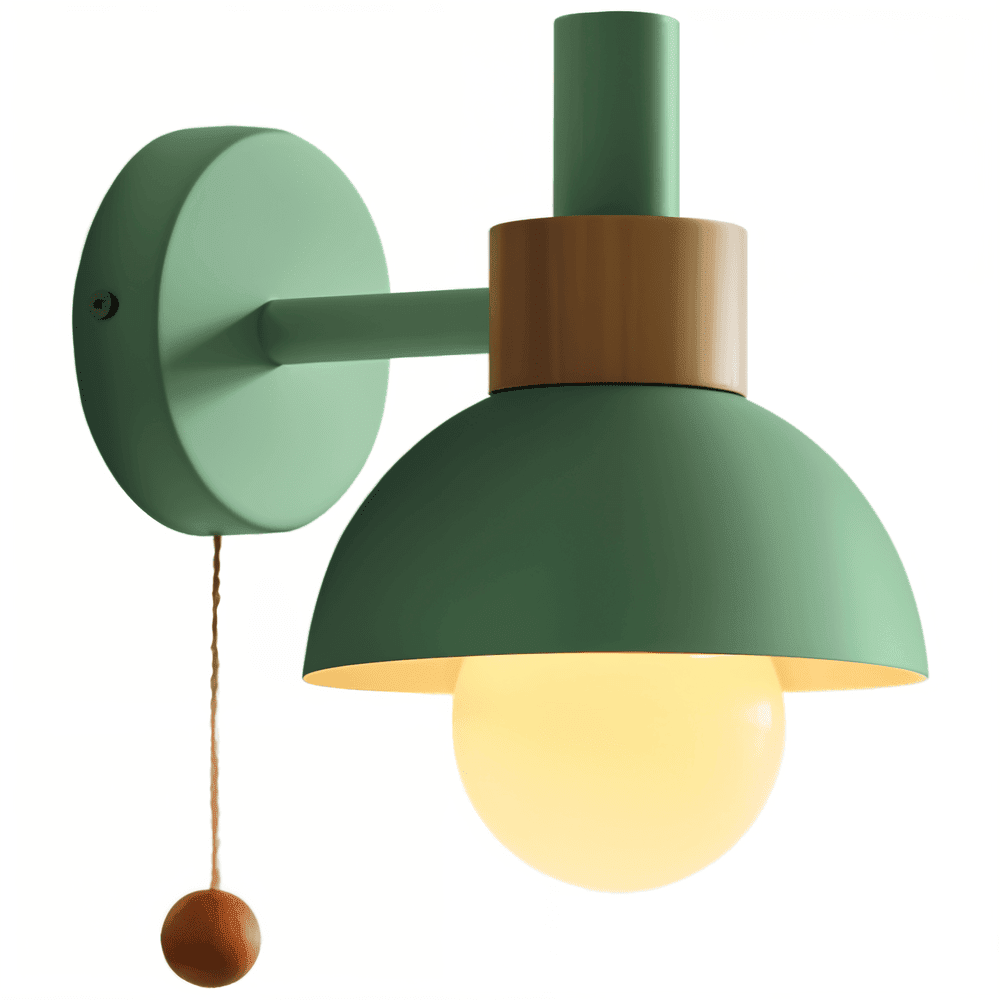 Wood and Iron Wall Light in Macaron Style with Pull Switch