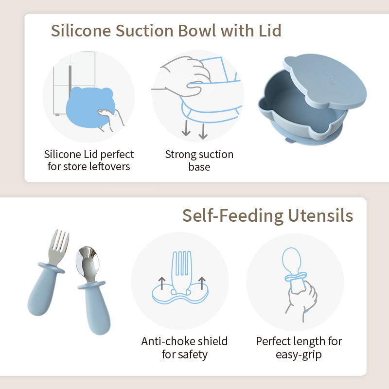 Non-Slip Silicone Baby Feeding Set with Lid and Utensils