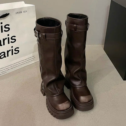 Winter Biker Booties for Women - Knee High Square Toe Footwear