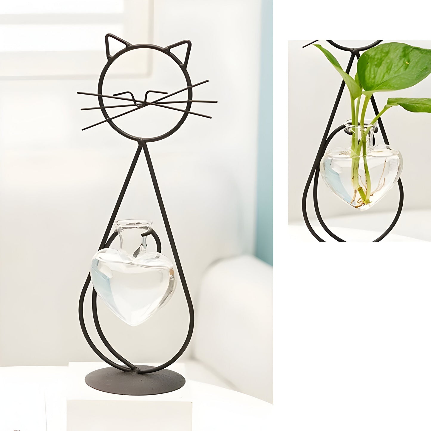 Hydroponic Heart-Shaped Glass Vase with Cat Holder