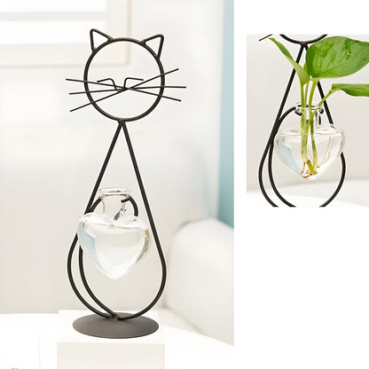 Hydroponic Heart-Shaped Glass Vase with Cat Holder