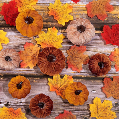 Autumn Pumpkin Decoration Set – 12 Velvet Finish Artificial Pumpkins