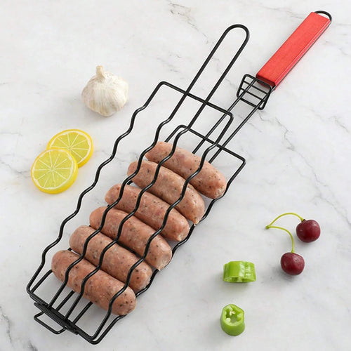 Portable BBQ Grill Basket for Hotdogs | Removable Stainless Steel Cage | Wooden Handle