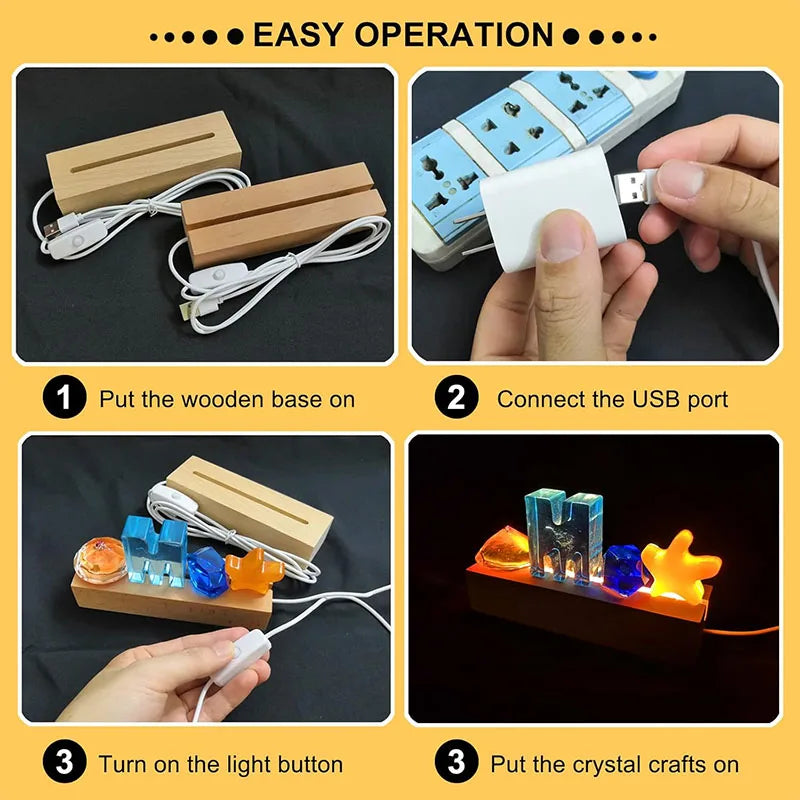 Rectangular LED Night Light with Wooden Base | USB Powered | Acrylic and Resin Display