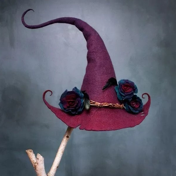 Handcrafted Witch Hat in Merino Wool and Silk Chiffon - Hexagonal Design