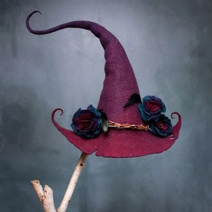 Handcrafted Witch Hat in Merino Wool and Silk Chiffon - Hexagonal Design