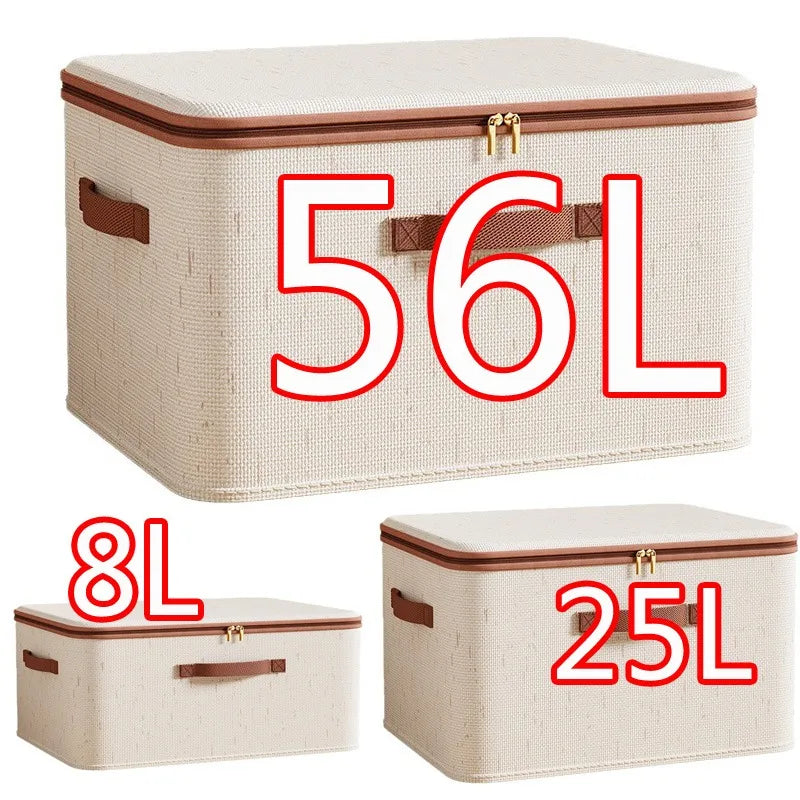 XXL Storage Container - Durable Fabric Bin with Lid & Zipper - Foldable Cotton-Linen Box for Clothes, Blankets & Toys