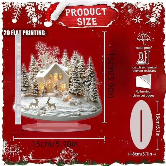 Acrylic Christmas Ornament - Snow Village with Reindeer Scene - Flat 2D Design